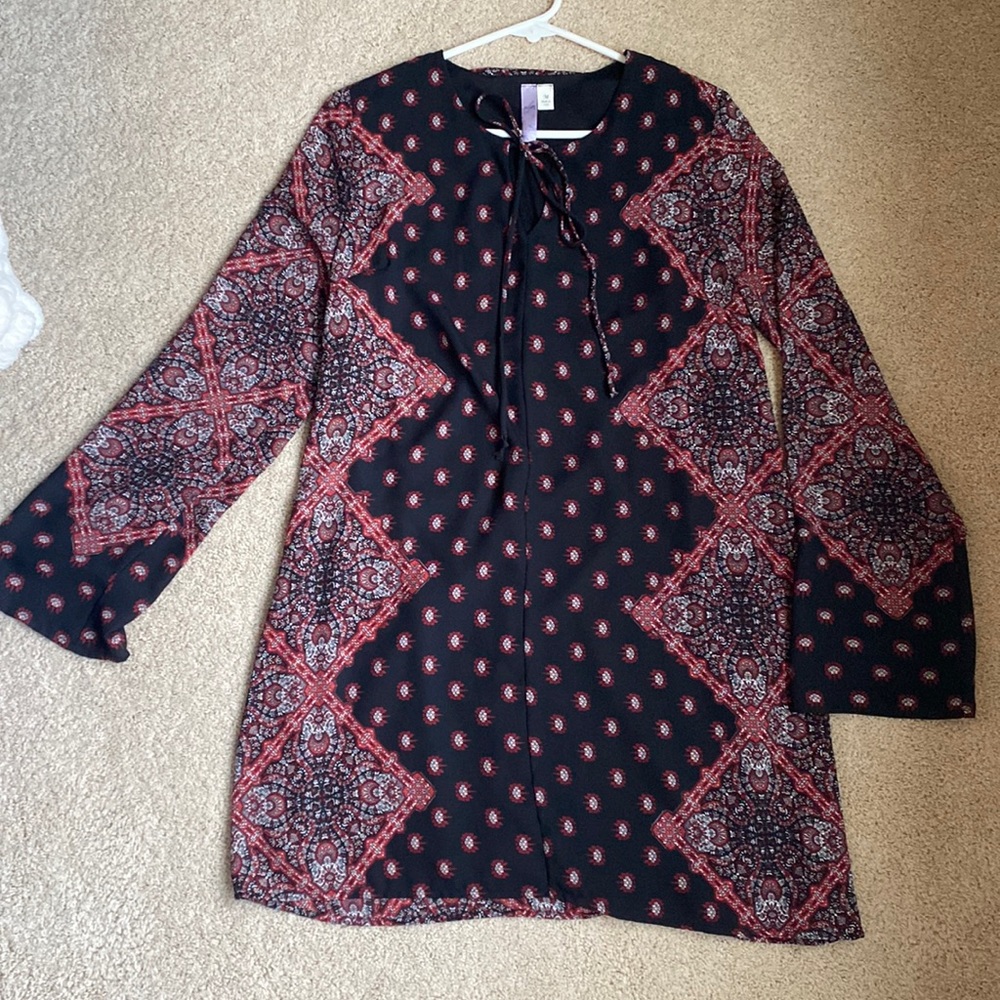 Red patterned dress with bell sleeves